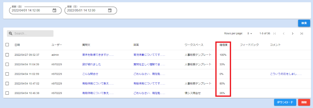 ログ一覧への確信度追加画像
